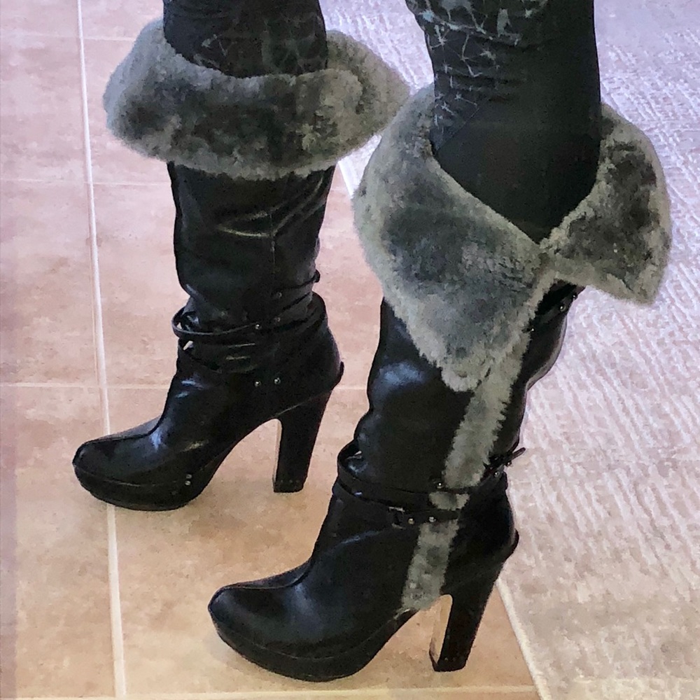 BCBG knee high faux fur platform leather boots